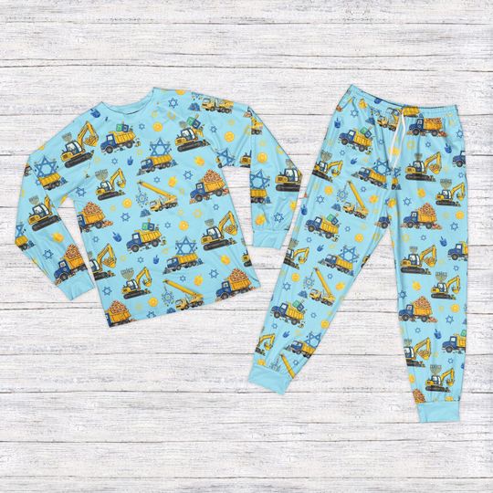 Discover Construction Trucks Chanukah Pajamas Set, Cute Happy Hanukkah Pajama, Tractor Lover Long Sleeve Two Piece Pajamas, Jewish Holiday Gift