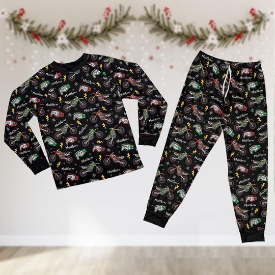 Discover Custom Name Dirt Bike Christmas Pajamas, Motocross Christmas Pajama Festive Christmas Long Sleeve Pajamas, Personalized Dirt Bike Lover Gift