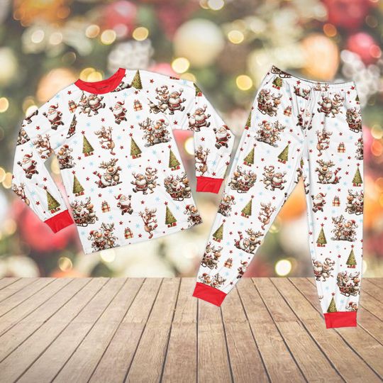 Discover Quirky Santa and Reindeer Pajamas Set, Whimsical Holiday Christmas Pajama, Funny Christmas Long Sleeve Pajamas, Cute Christmas Gift