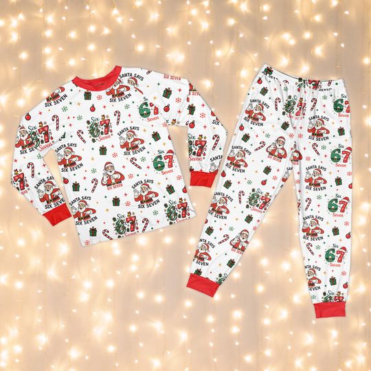 Discover Funny Santa Says Six Seven 67 Christmas Pajamas, Santa Six Seven Meme Sleepwear Set, 67 Trend Christmas Pajamas, Matching Family Holiday PJs