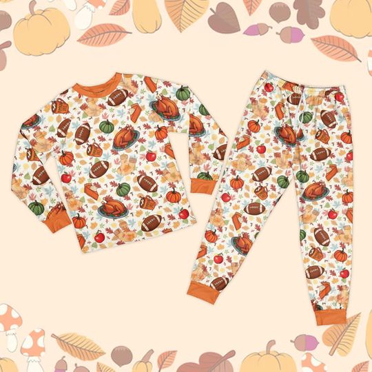 Thanksgiving Football Pajama Set, Turkey And Touchdowns Long Sleeve Pajamas, Matching Family Thanksgiving Pajamas