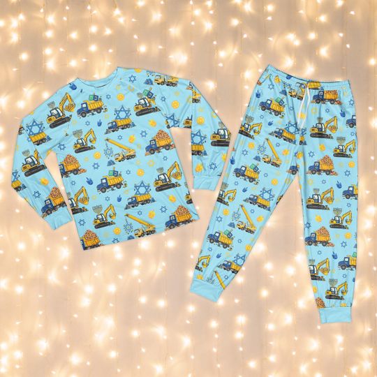 Cute Construction Truck Hanukkah Pajamas, Boys Chanukah Sleepwear, Jewish Holiday Pajamas