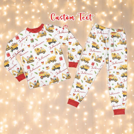 Discover Personalized Excavator Christmas Pajamas Set, Custom Name Construction Truck Holiday Sleepwear, Boys Construction Truck Christmas Pajamas