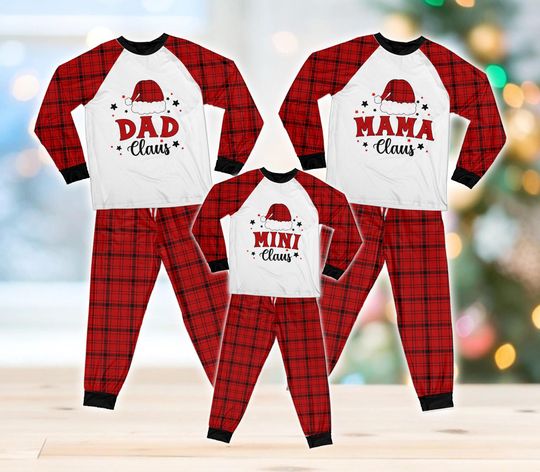 Custom Name Santa Claus Christmas Long Sleeve Two Piece Pajama, Plaid Christmas Holiday Pajamas
