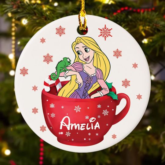 Personalized Rapunzel Tea Cup Christmas Ornament, Cute Tangled Christmas Tree Decor, Cartoon Cup Character Gift For Kid