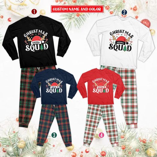 Discover Custom Name Christmas Squad Pajamas Set, Family Matching Christmas Pajama, Festive Squad Personalized Plaid Mommy, Daddy Christmas Pajamas