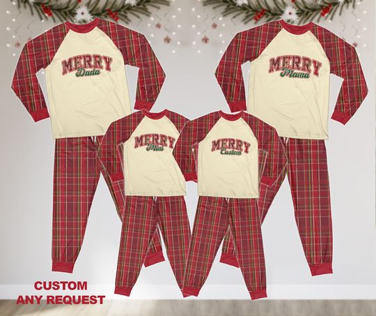 Discover Custom Merry Christmas Pajamas Set, Family Matching Christmas Pajama, Personalized Plaid Christmas Long Sleeve Pajamas, Retro Christmas Gift