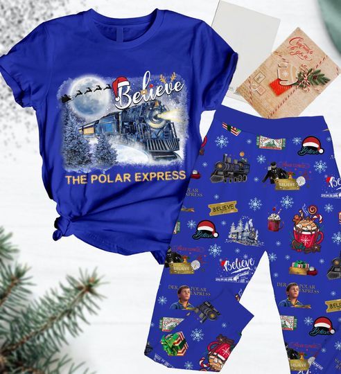 Polar Express Pajama Set with Believe The Polar Express Pants, North Pole Holiday Pajamas