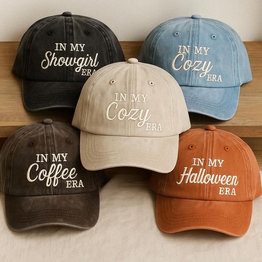 Discover Embroidered Baseball Cap, In My Coffee Era Hat, In My Halloween Era Hat, Vintage Washed Dad Hat, Custom Embroidery Hat, Fall Aesthetic Cap