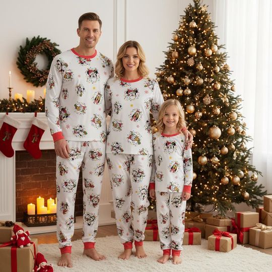 Discover Vintage Mickey And Friends Santa Christmas Lights Pajamas Set, Mickey's Very Merry Xmas Party Outfit, Disney Holiday Matching Sleepwear