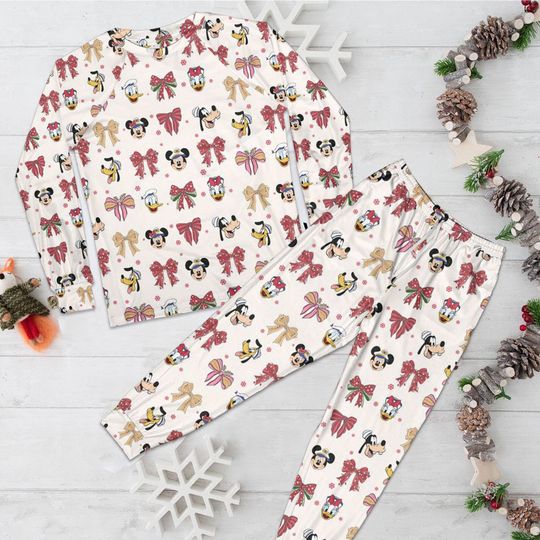 Discover Mickey and Friends Coquette Bow Christmas Pajama Set, Disney Cruise Line Holiday Sleepwear, Very Merrytime Cruises Family Christmas Outfit