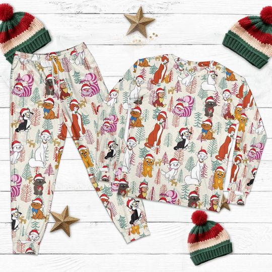 Discover Disney Cats Christmas Pajama Set, Aristocats Figaro Cheshire Cat Holiday PJs, Disney Cat Lovers Pajamas, Cozy Disney Family Sleepwear