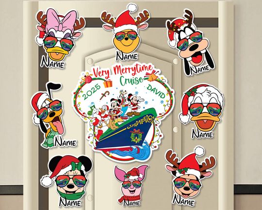 Discover Personalized Multi Characters Mickey and Friends Sunglasses Very Merrytime Cruise Magnet, Disney Christmas Cruise Magnet for Stateroom Door