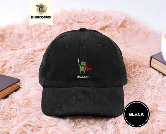 Discover huzzah frog dad hat, embroidered ren faire cap, fantasy sword frog hat, vintage corduroy cap, frog gift, ba703 embroidered hat