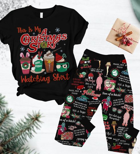 Christmas Movie Pajama Set with Merry Christmas Pants and Oh Fudge Xmas Shirt