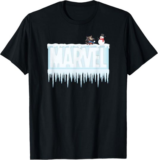 Marvel Holiday Snow Logo with Rocket Raccoon and Snowman T-Shirt, Gift For Fans