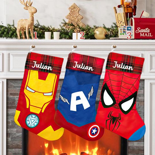 Custom Name Superhero Xmas Stocking, Captain America Christmas Stockings, Iron Man Spiderman Christmas Socks Home Decoration