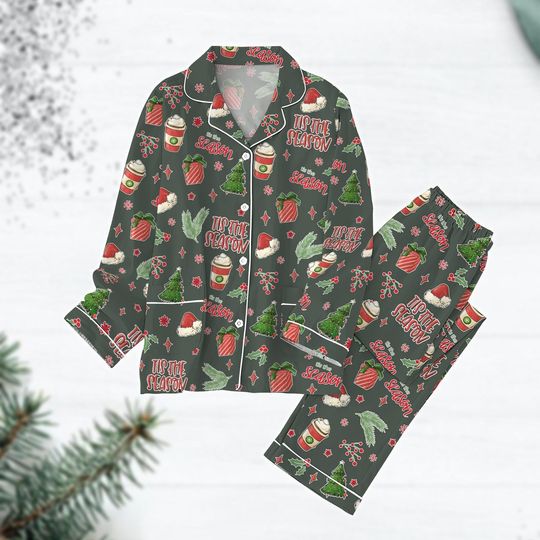Discover Coffee Christmas Pajamas Set with Santa Hat, Christmas Tree Print for Women