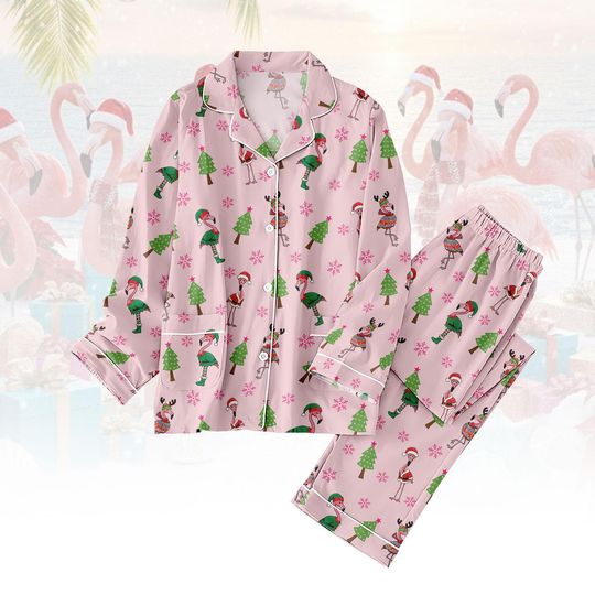 Discover Christmas Flamingo Pajamas Set, Holiday Matching Loungewear for Adults, Pink Bird Pajama Set for Family Gift