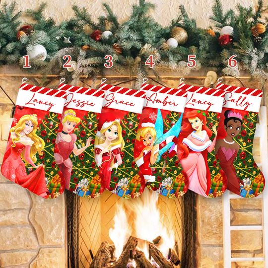 Discover Custom Beauty Princess Xmas Stocking, Aurora Cinde Ariel Christmas Stockings, Rapunzel Tinkerbell Tiana Christmas Socks Home Decoration