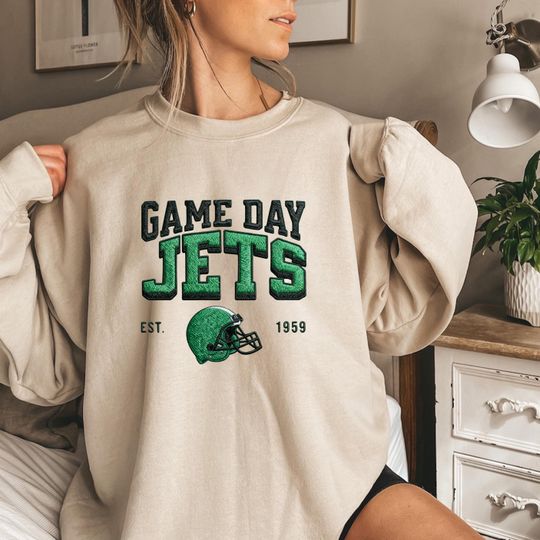 Embroidered JETS Oversized Sweatshirt, Unisex College Sweater, Vintage Streetwear Pullover