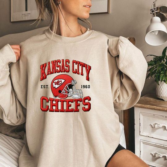 Discover Embroidered Kansas City Chiefs Oversized Sweatshirt, Unisex College Sweater, Vintage Streetwear Pullover