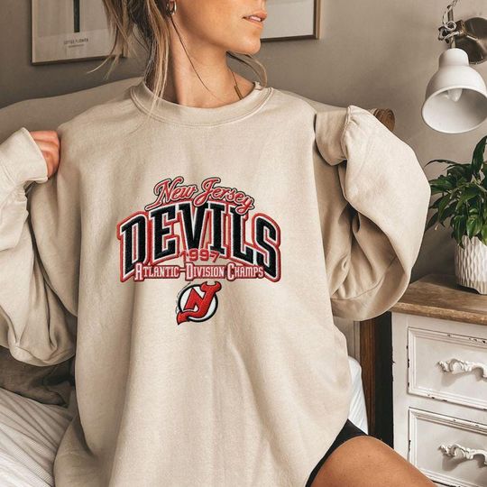 Discover Embroidered New Jersey Devils Oversized Sweatshirt, Unisex College Sweater, Vintage Streetwear Pullover