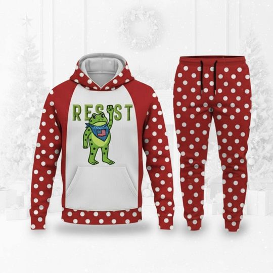 Discover Resist Frog Hoodie & Joggers Set - Red & White Polka Dot, Unisex Loungewear, Patriotic Statement Design