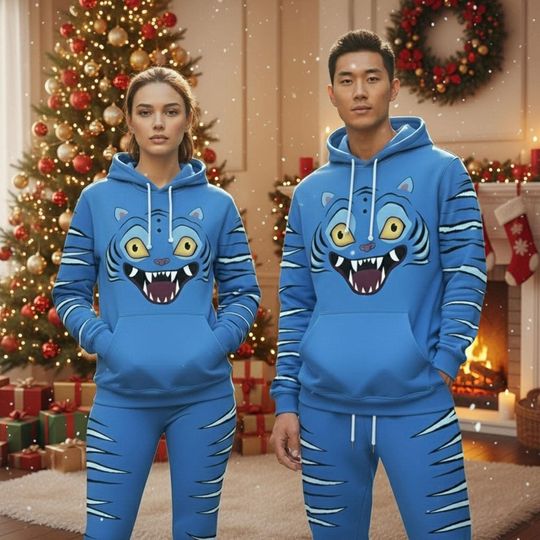 Discover Blue Tiger Print Hoodie and Joggers Set - Unisex Animal Lounge Wear - Matching Couple Pajamas
