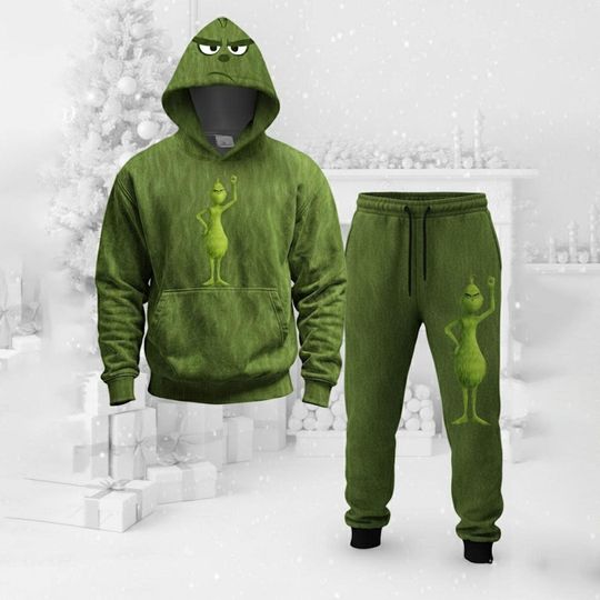 Grumpy Green Character Hoodie & Joggers Set - Holiday Loungewear - Unisex Christmas Pajamas