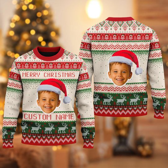 Discover Personalized Photo Face 3D Ugly Christmas Sweater, Custom 2025 Xmas Sweatshirt