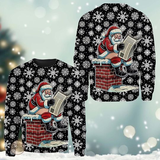 Discover Funny Santa Reading Newspaper Ugly Christmas Sweater for Holiday Parties