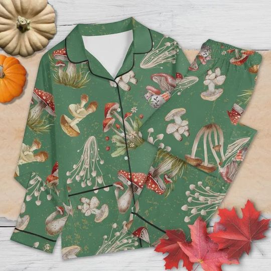 Cottagecore Mushroom Pajama Set: Brushed Silk Fairycore Sleepwear