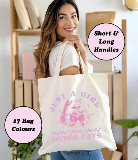Discover Just a Girl Who Loves Cats Tote Bag: Woven Cotton Cat Lover Gift