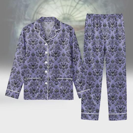 Halloween Haunted Mansion Silk Pajama Set: Purple Ghost Spooky Loungewear