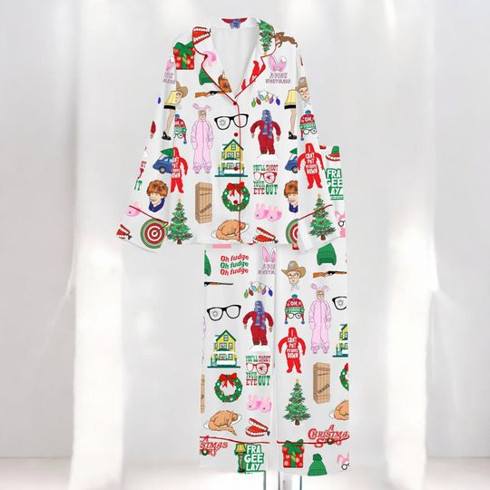 Womens A Christmas Story Movie Pajama Set, Funny Holiday Silk Sleepwear