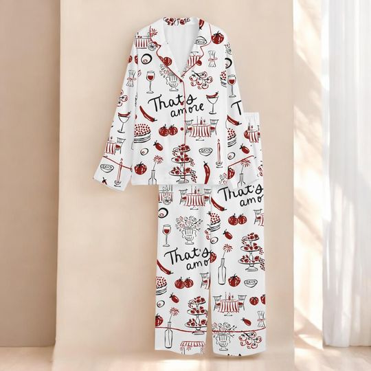 Discover Womens Italian Food Pajama Set, Hand Drawn Whimsical Wedding Print Silk Sleepwear