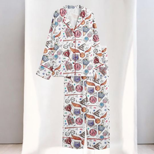 Womens Wizard School Pajama Set, HP Inspired Magic Academy Silk Sleepwear