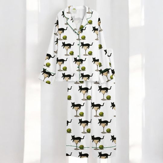 Discover Womens Black Cat Martini Pajama Set, Funny Cocktail Lounge PJs, Silk Long Sleeve Sleepwear