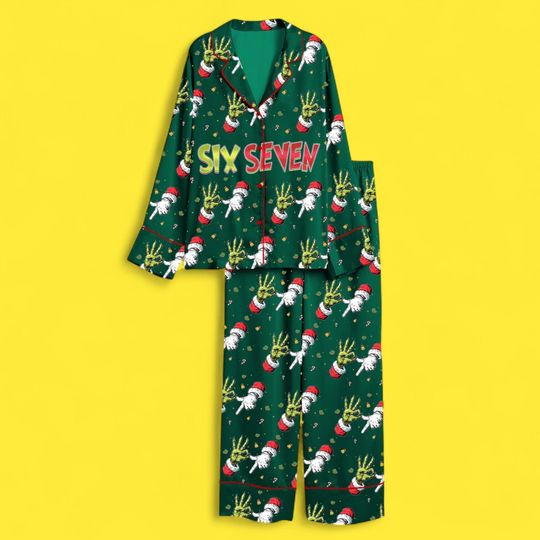 funny character Christmas Pajama Set, Six seven Funny Green Hand Long Sleeve Silk PJs