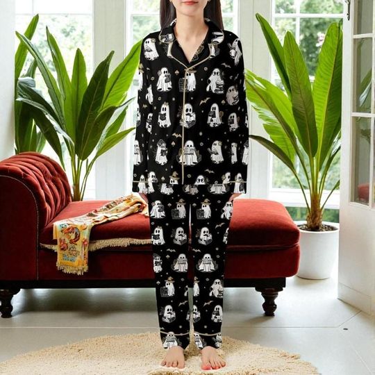 Discover Halloween Ghost Pajama Set, Black Spooky Brushed Silk Sleepwear