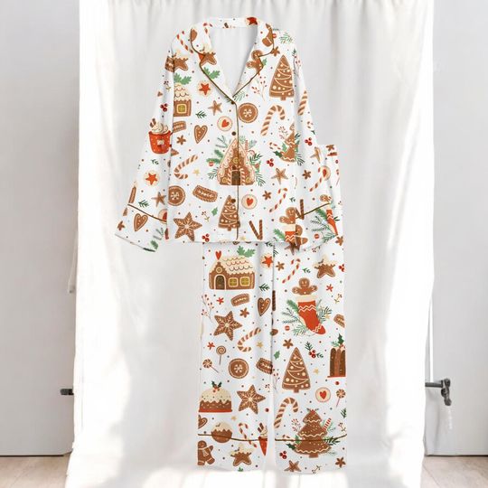Womens Christmas Baking Pajama Set, Gingerbread Cookie Silk Sleepwear