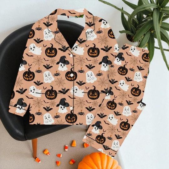 Discover Halloween Ghost Pajama Set: Brushed Silk Spooky Cartoon Sleepwear