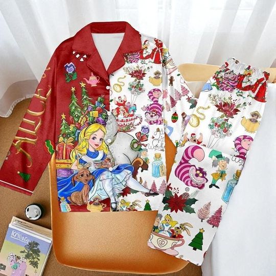 Alice in Wonderland Pajama Set, Brushed Silk Cartoon Loungewear