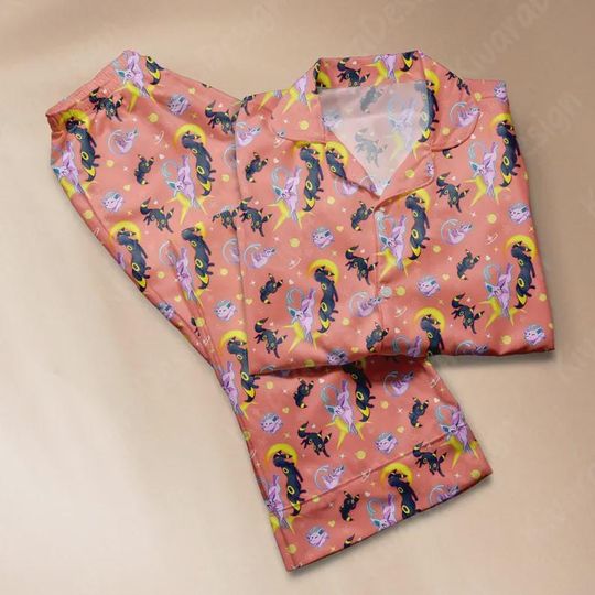Espeon and Umbreon Pajama Set, Silk Loungewear, Manga Anime Sleepwear