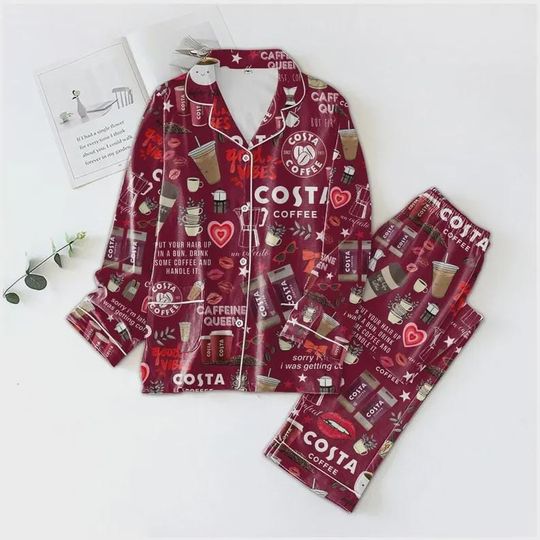 Discover Brushed Silk Costa Coffee Pajama Set, Caffeine Queen Sleepwear