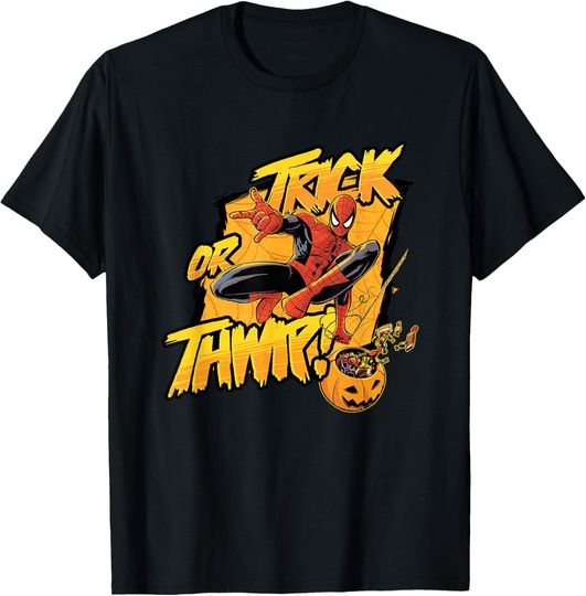 Discover Marvel Classic Halloween Spider-Man Trick Or Thwip Logo T-Shirt