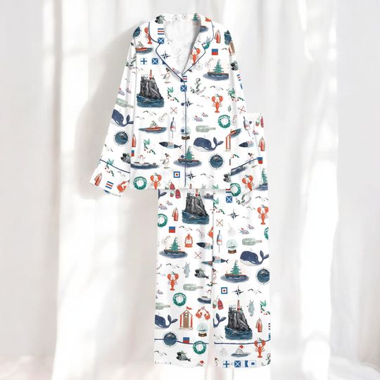 Discover Womens Coastal Nautical Christmas Pajama Set, Ocean Sea Watercolor Satin Sleepwear