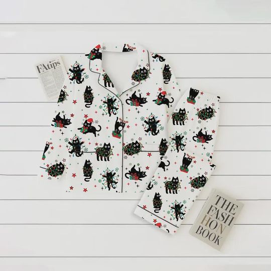 Discover Cat Christmas Pajama Set: Brushed Silk Festive Holiday PJs