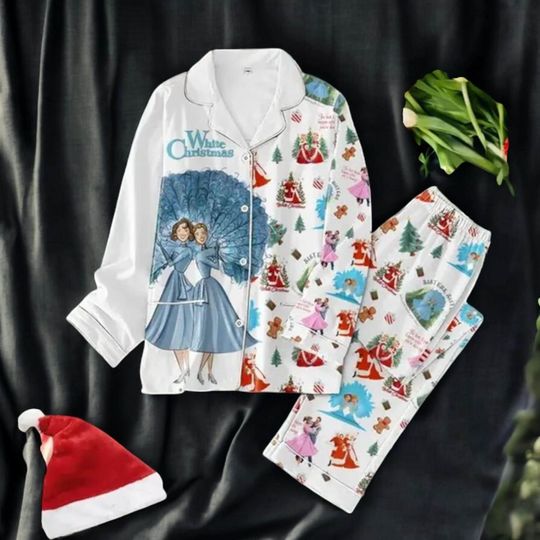 Discover Womens White Christmas Pajama Set, Retro Movie Print Long Sleeve Silk Sleepwear